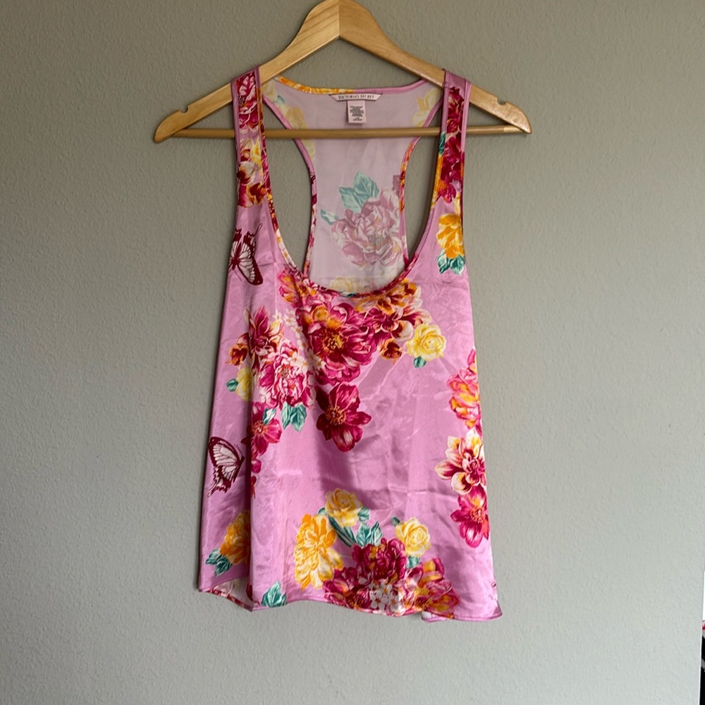 Victoria Secret Large pink floral butterfly racer back satin tank top